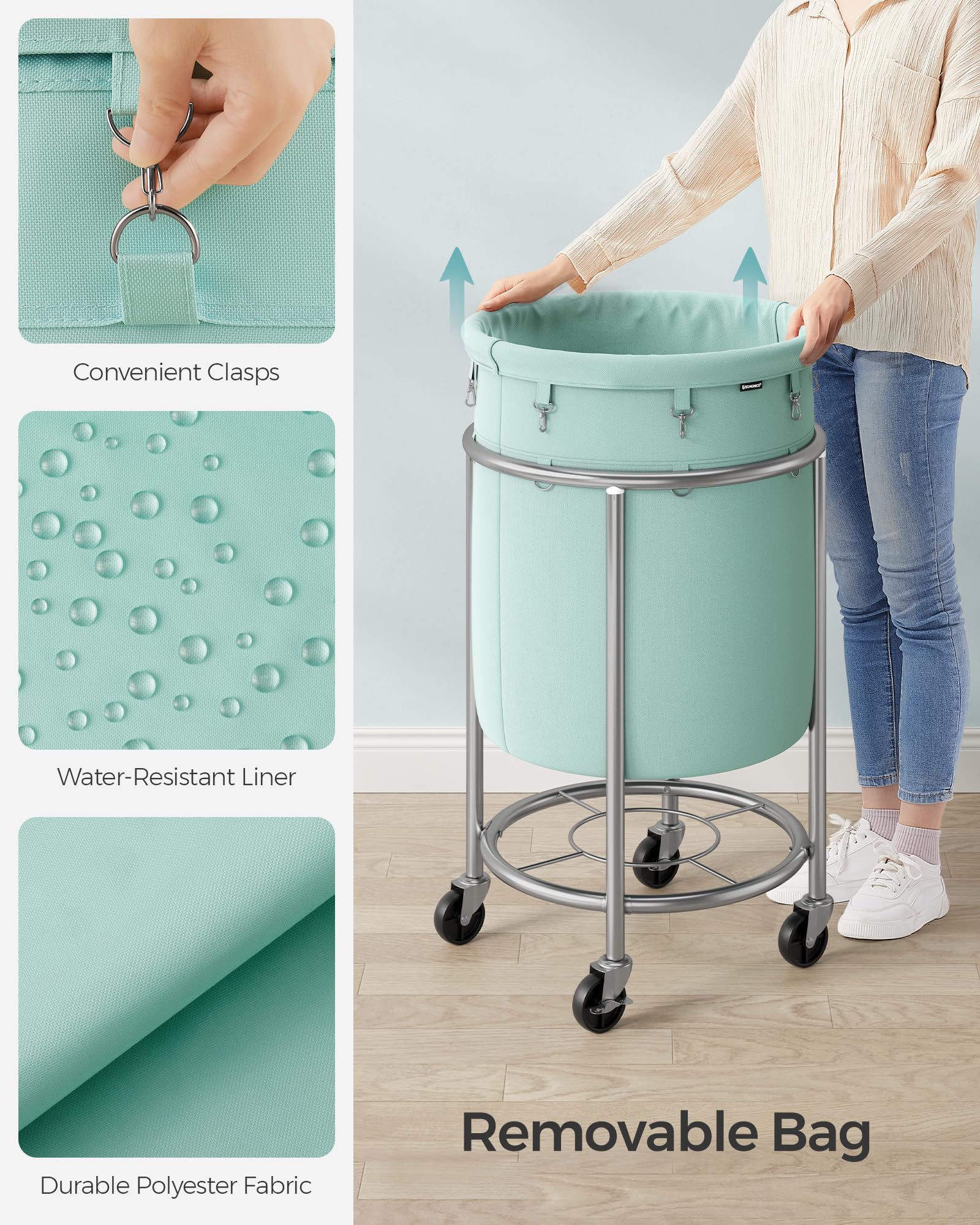 Foto 5 | Cesta De Lavandería Songmics Rolling 110 L Con Marco De Acero, Color Verde Menta - Venta Internacional.