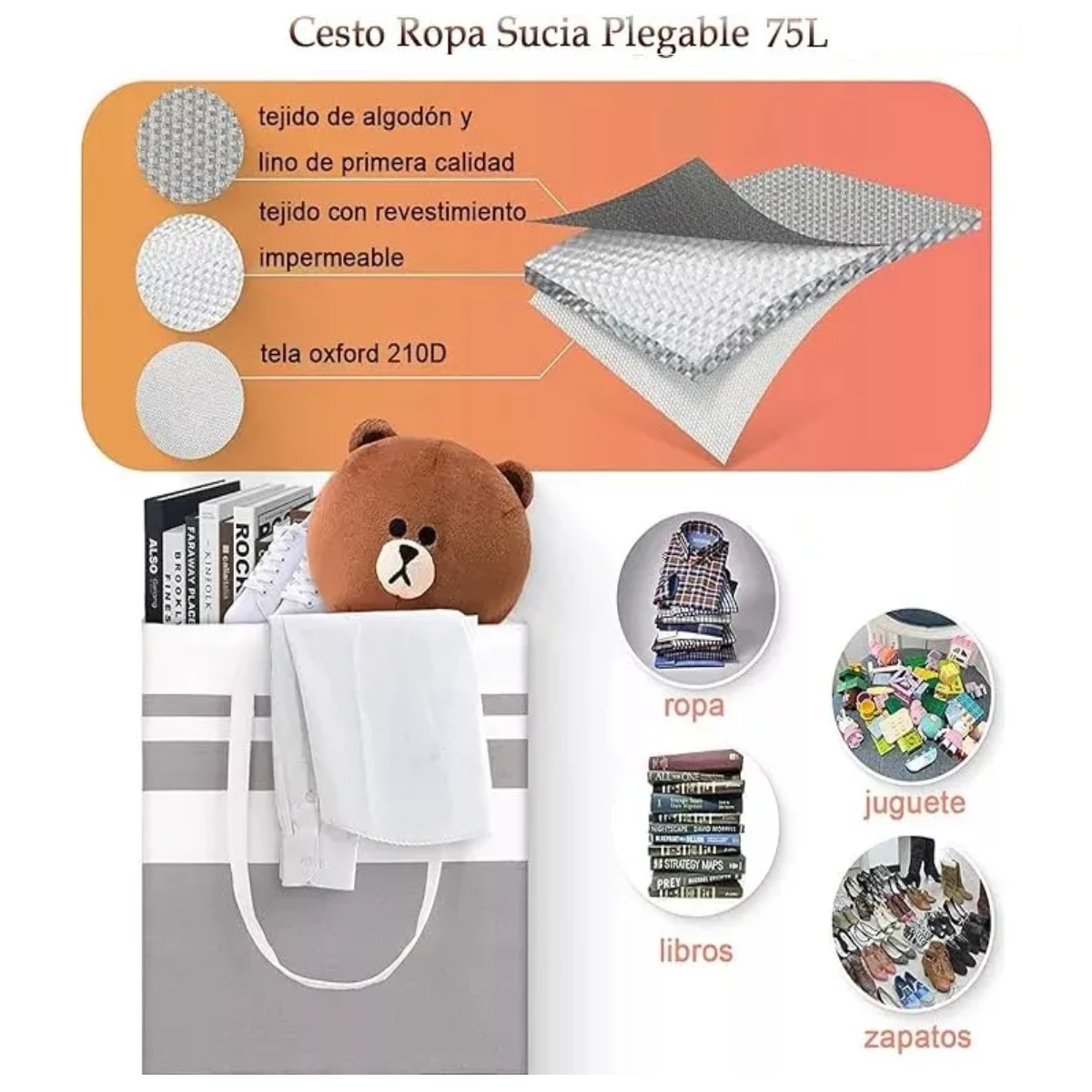 Foto 5 pulgar | Cesto Grande P/ropa Sucia Y Lavandería Plegable De 75l, 2 Pz Raya Orizontal Lab.g Gris