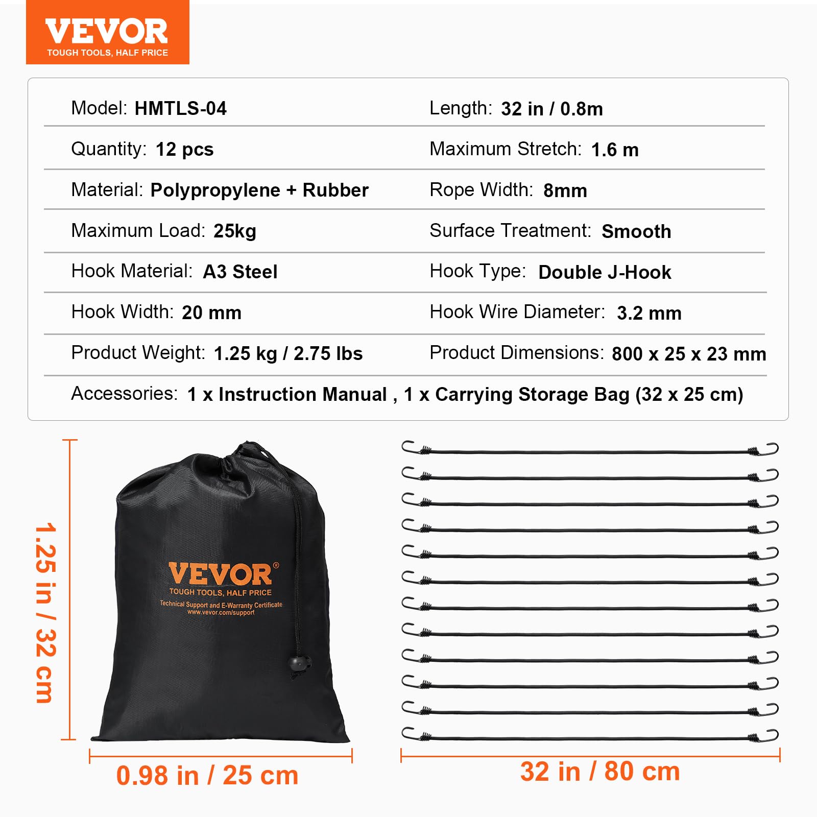 Foto 8 pulgar | Cordones Elásticos Vevor, 12 Unidades, 80 Cm, Con Ganchos En Doble J Y Bolsa - Venta Internacional.