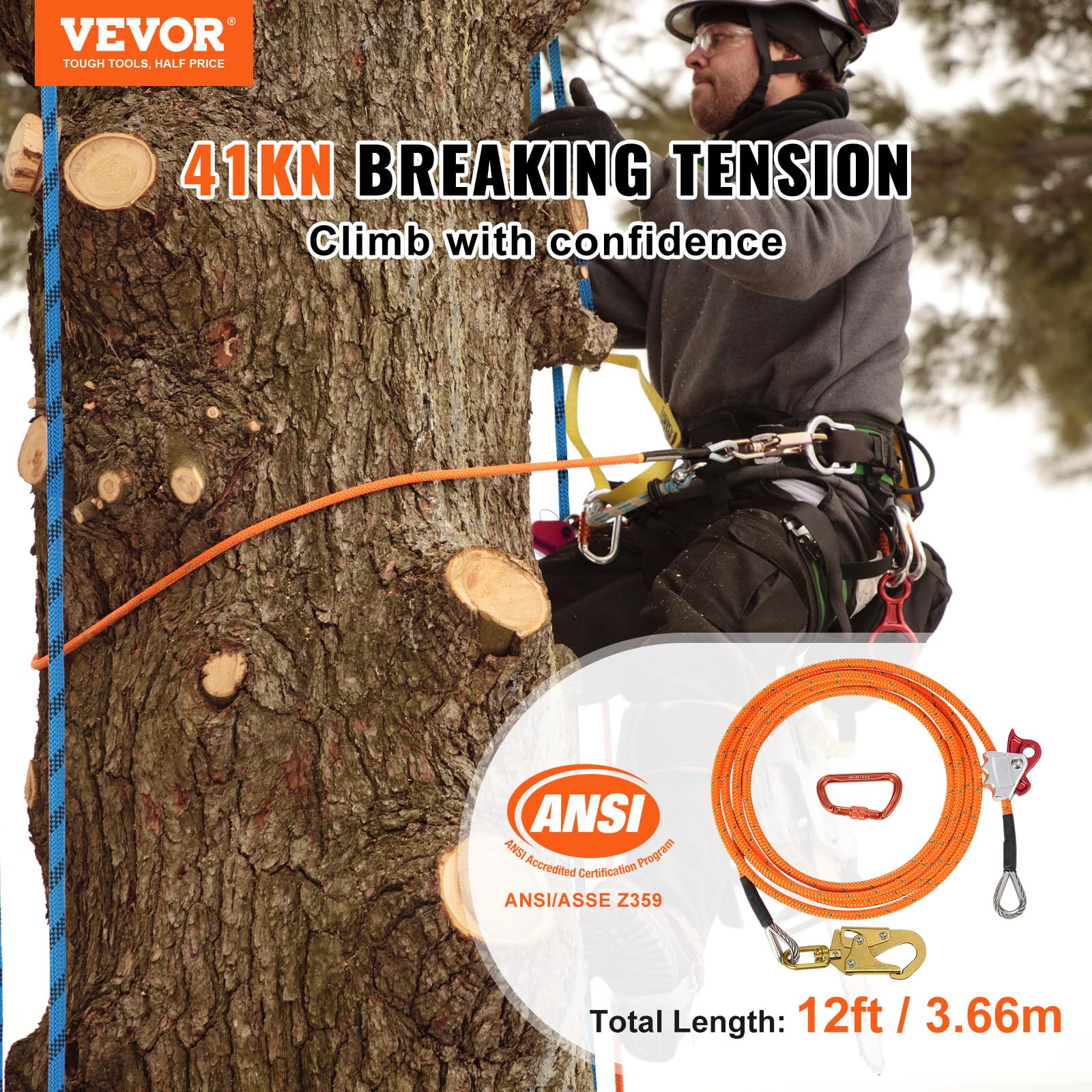 Foto 3 pulgar | Arborist Flipline Vevor Con Núcleo De Acero De 16 Mm Y 3,6 M Con Mosquetón - Venta Internacional.