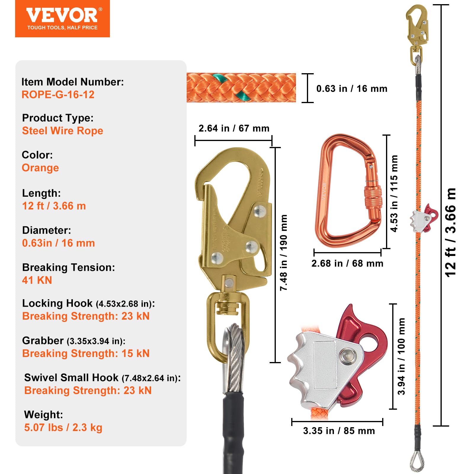 Foto 8 pulgar | Arborist Flipline Vevor Con Núcleo De Acero De 16 Mm Y 3,6 M Con Mosquetón - Venta Internacional.