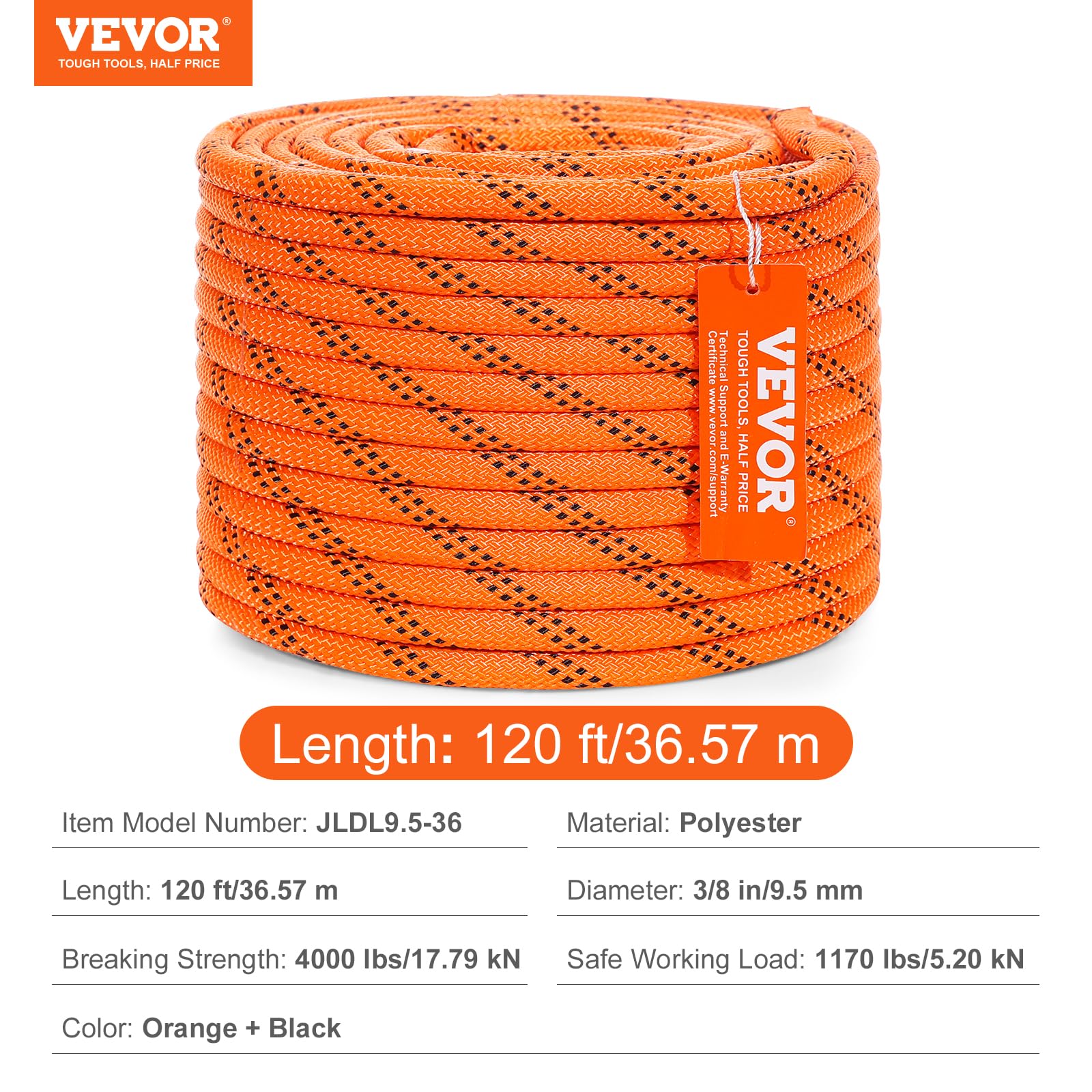 Foto 7 | Cuerda De Escalada Vevor De Poliéster De Doble Trenzado De 3/8 Pulgadas X 120 Pies - Venta Internacional.