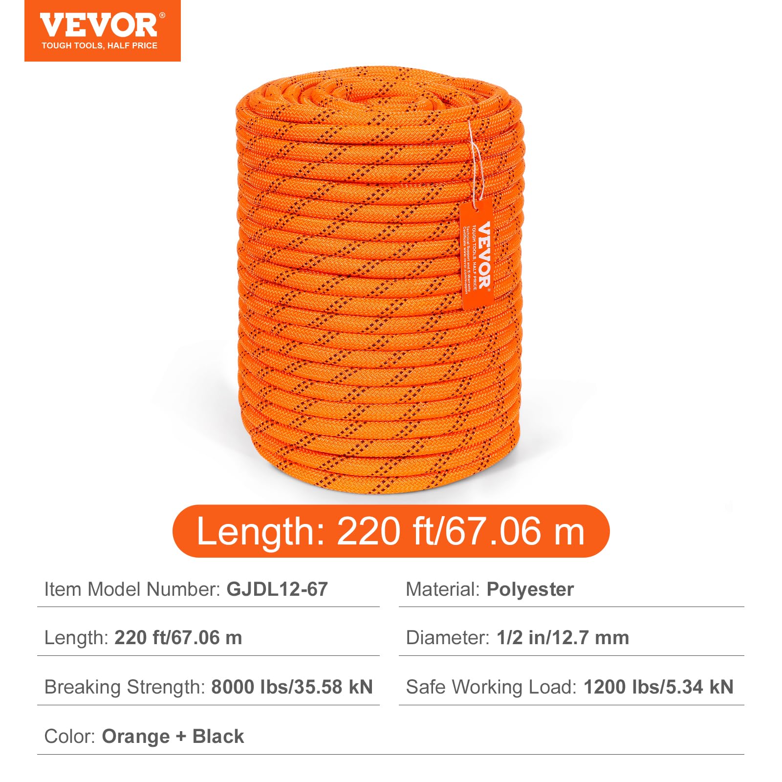 Foto 7 | Cuerda Vevor De Poliéster De Doble Trenzado, 1/2 Pulgada X 220 Pies, 8000 Libras - Venta Internacional.