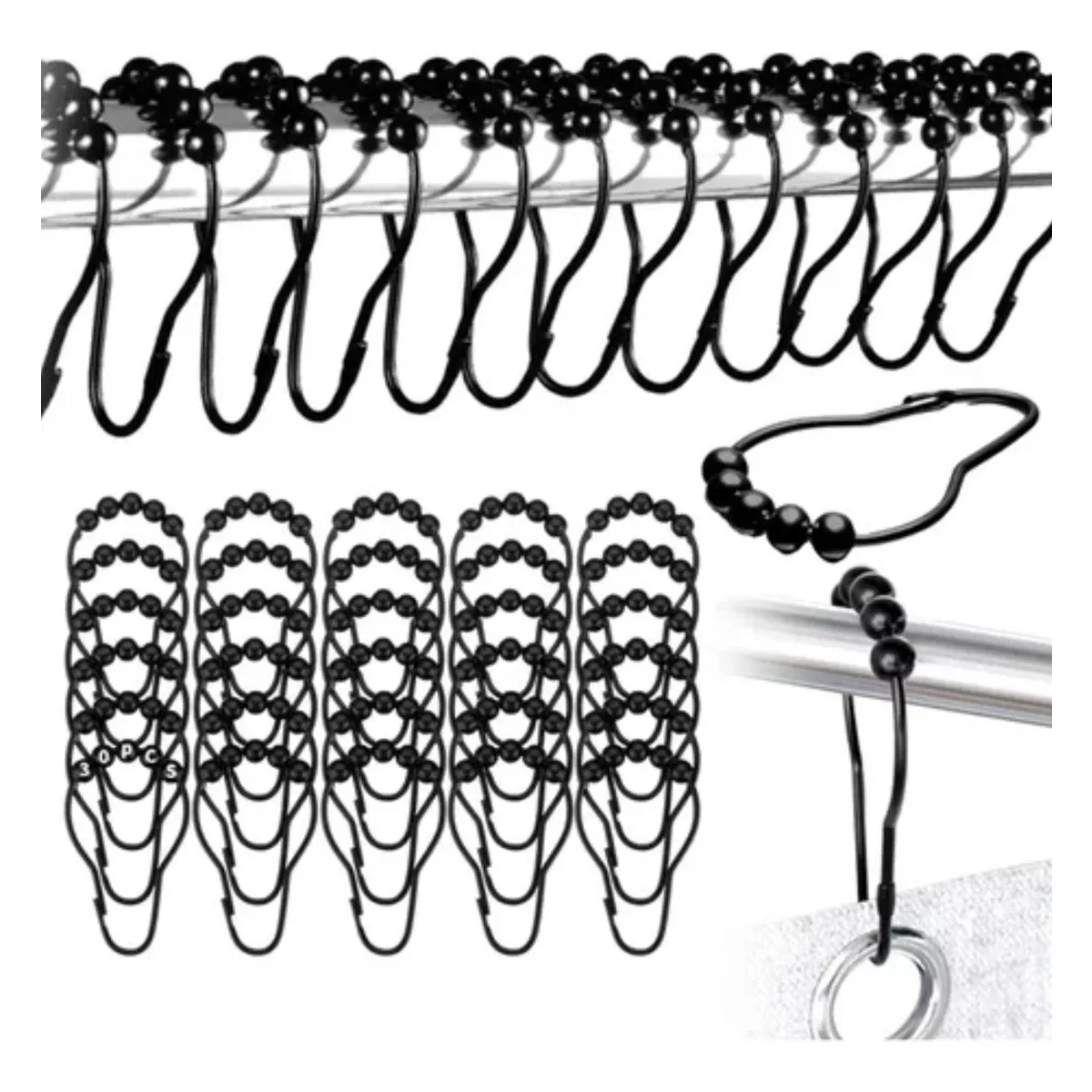 Foto 2 | Kit De 30 Ganchos Metálicos Negros Para Cortinas De Baño Eo Safe Imports Esi-20480 Negro