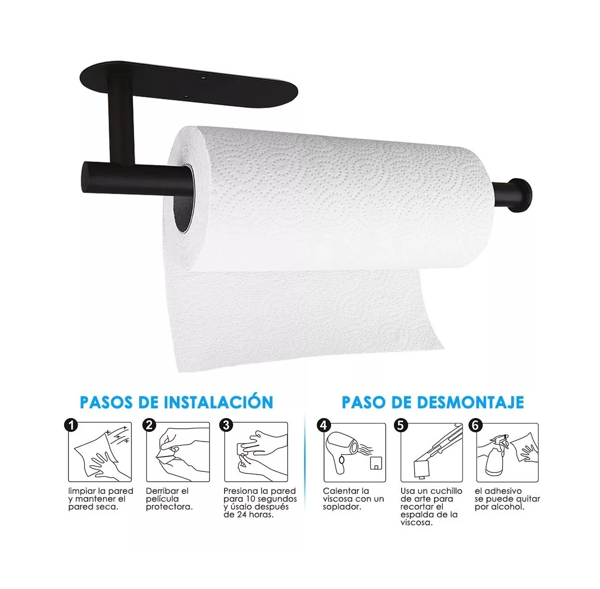 Foto 4 | Portarrollos Papel Adhesivo Debajo Del Gabinete Para Cocina, Color Negro