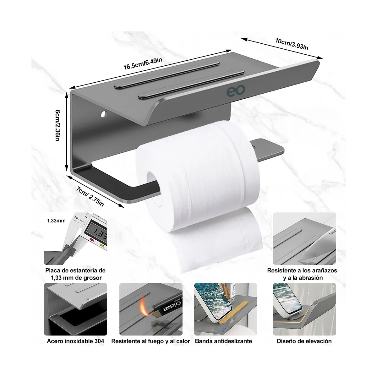 Foto 2 | Portarrollos de Papel Higiénico de Acero Inoxidable Gris