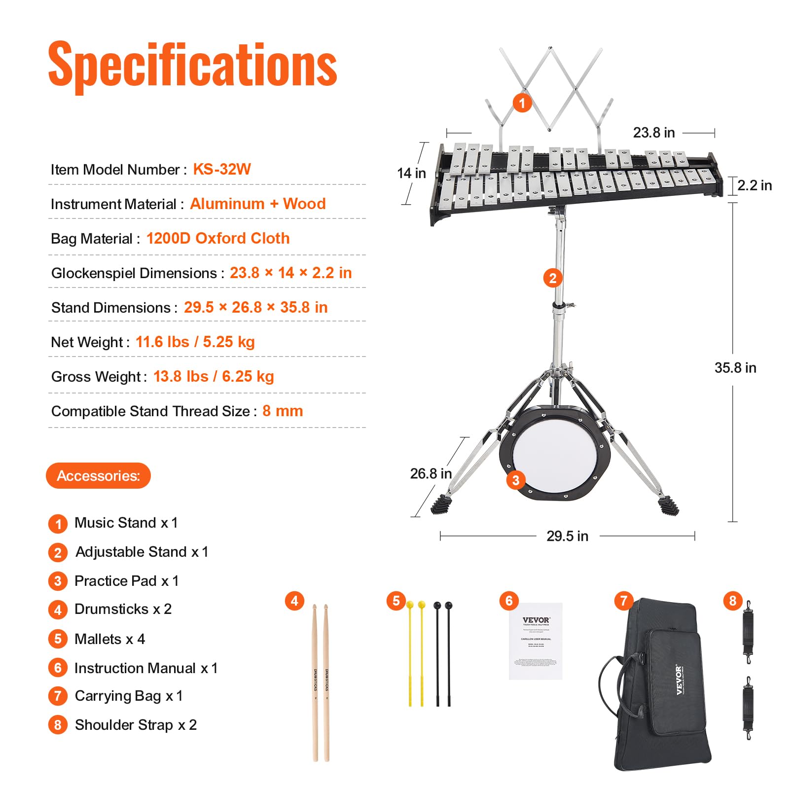 Foto 7 | Kit De Campanas De Xilófono Glockenspiel Vevor 32 Note Con Soporte Y Bolsa - Venta Internacional.