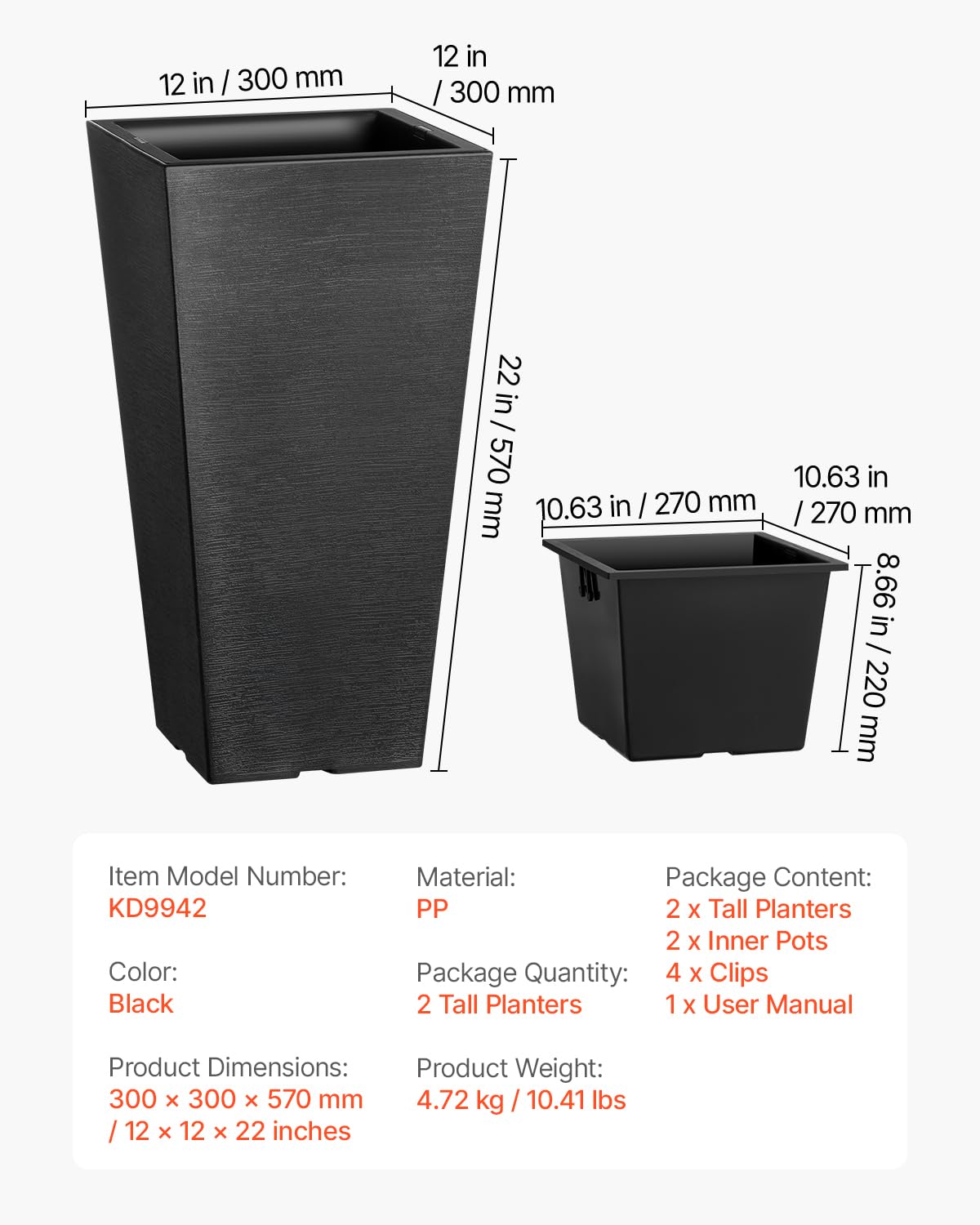 Foto 7 | Juego De 2 Maceteros Altos Para Exteriores Vevor De 56 Cm, Material De Polipropileno Negro - Venta Internacional.