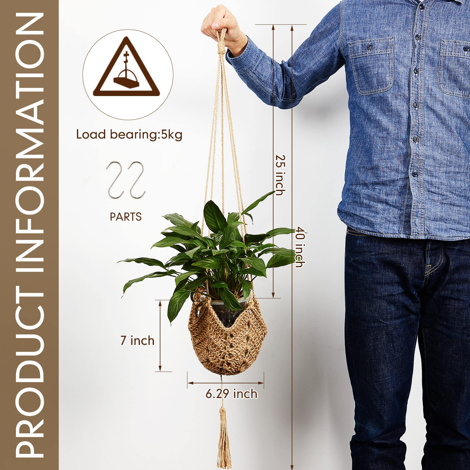 Foto 2 | Colgador Para Plantas  Tejido A Ganchillo En Yute  Largo  Para Macetas De 8 A 30 Cm  Color Marrón - Venta Internacional
