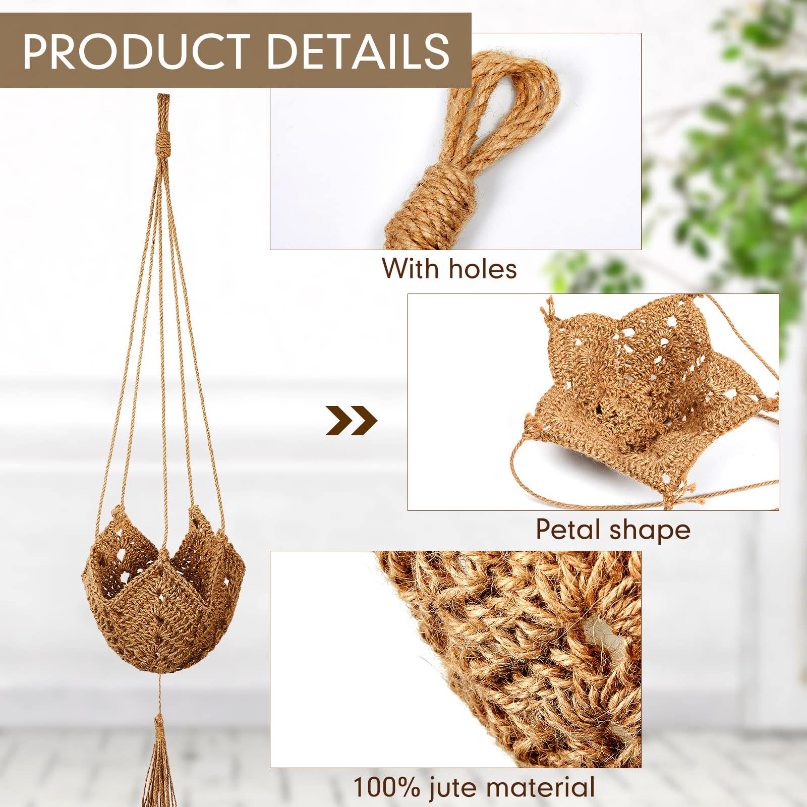 Foto 3 | Colgador Para Plantas  Tejido A Ganchillo En Yute  Largo  Para Macetas De 8 A 30 Cm  Color Marrón - Venta Internacional
