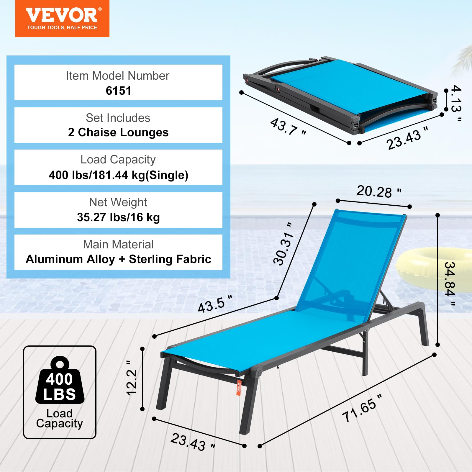 Foto 7 | Tumbonas Vevor De Aluminio Con 5 Posiciones, Color Azul, 2 Unidades - Venta Internacional.