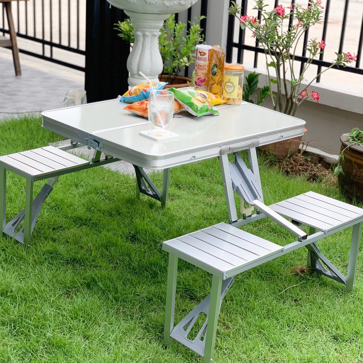 Foto 8 | Mesa Plegable Portátil para Picnic Exterior con 4 Sillas Resistente y Estable