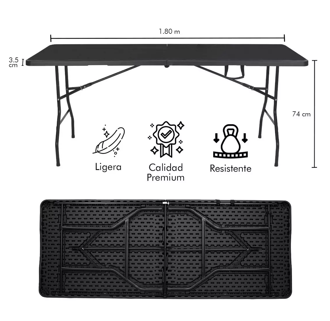 Foto 6 pulgar | Mesa Plegable Portátil de 1.80 m con Altura Ajustable y Asa de Transporte Negra