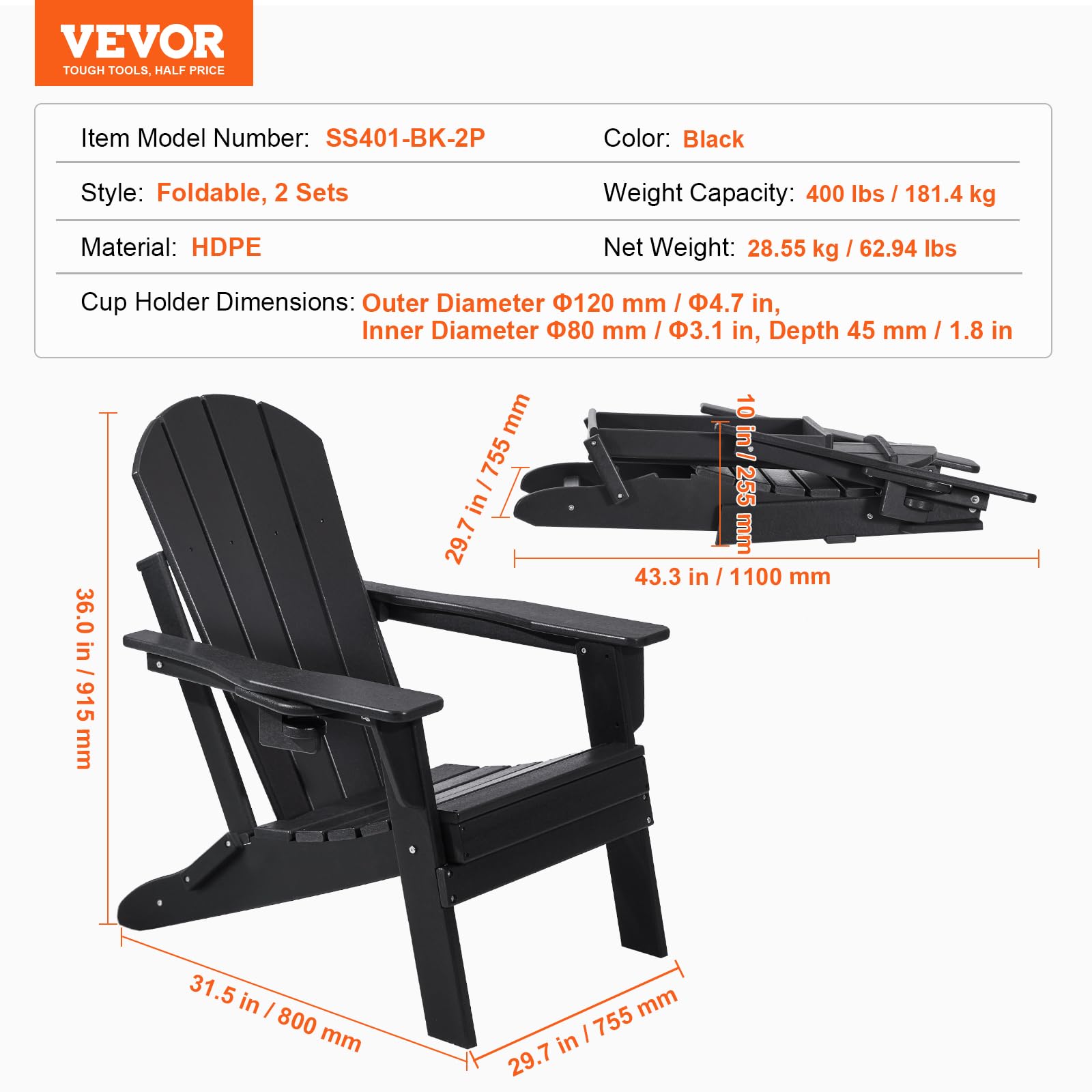 Foto 8 pulgar | Juego De 2 Sillas Plegables Adirondack Vevor, Color Negro, Para Todo Tipo De Clima - Venta Internacional.
