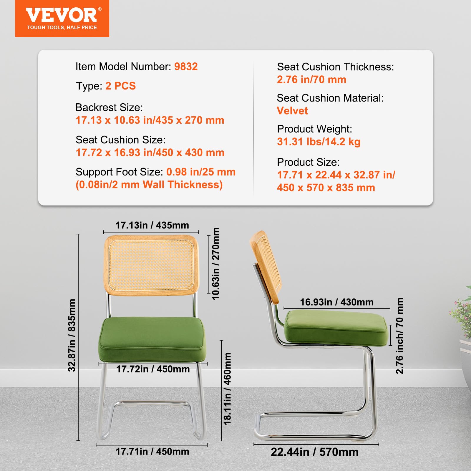Foto 7 | Juego De 2 Sillas De Comedor Vevor De Ratán Tapizadas De Mediados De Siglo - Venta Internacional.
