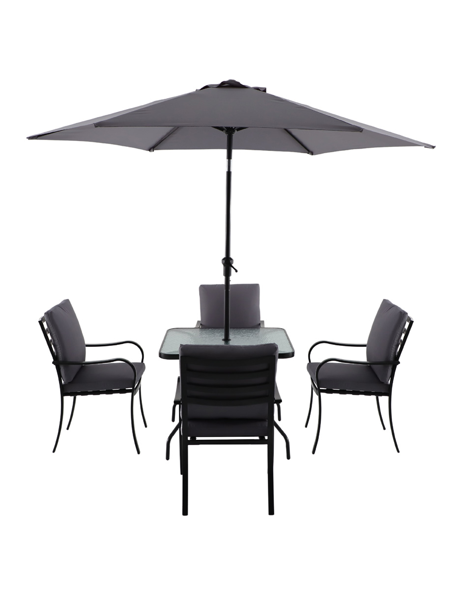Naterial Set De Comedor: Mesa Cuadrada +4 Sillas Con Cojines+ Sombrilla De Acero, Modelo Rono