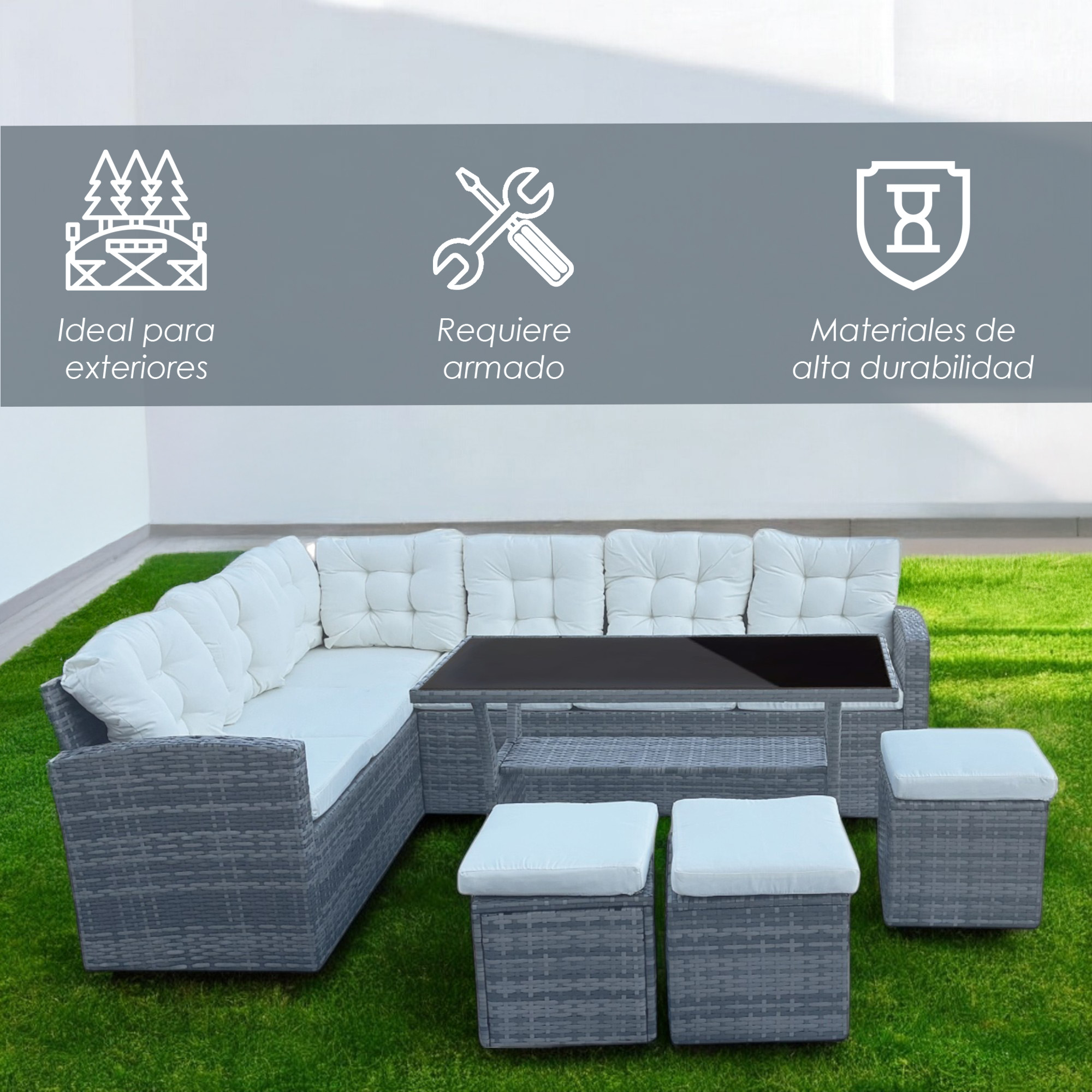 Foto 4 pulgar | Sala para Jardín Esquinera Iliosinnova Mesa de Centro de Cristal Templado Sofás de Mimbre Sintético 6 Piezas