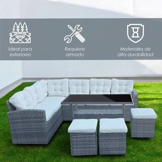 Foto 3 | Sala para Jardín Esquinera Iliosinnova Mesa de Centro de Cristal Templado Sofás de Mimbre Sintético 6 Piezas