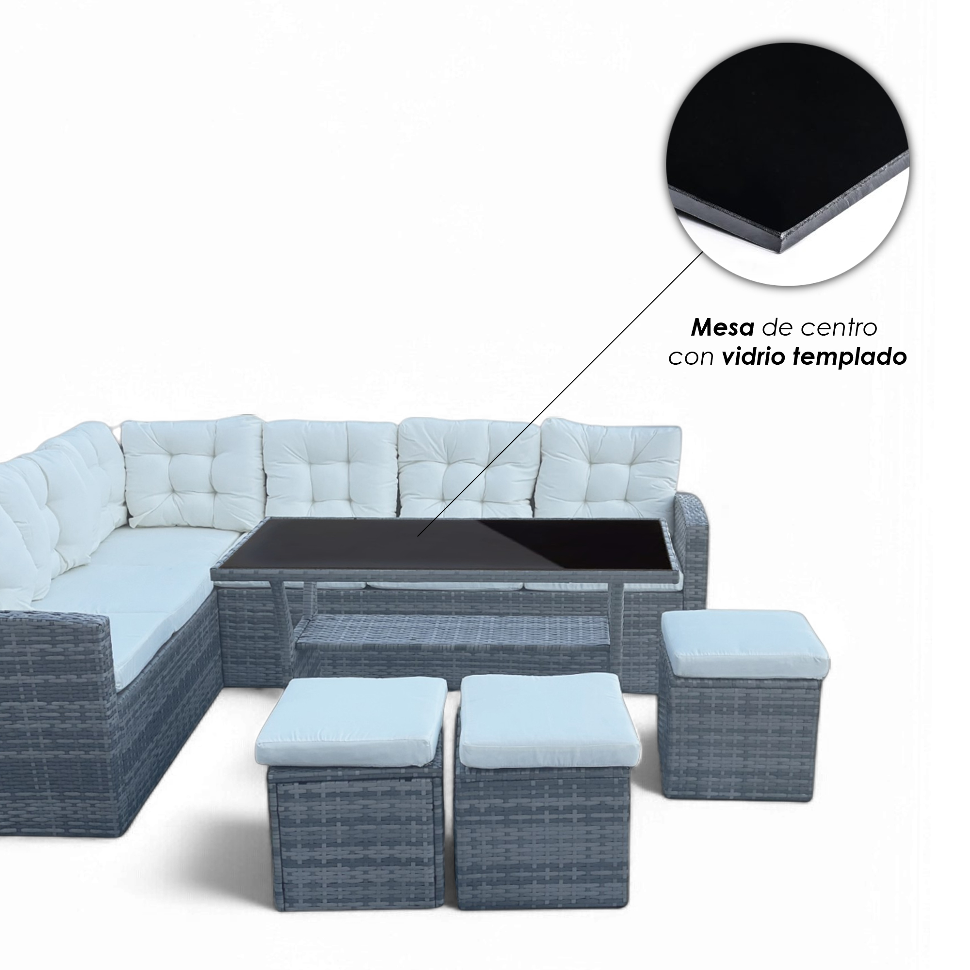 Foto 6 | Sala para Jardín Esquinera Iliosinnova Mesa de Centro de Cristal Templado Sofás de Mimbre Sintético 6 Piezas