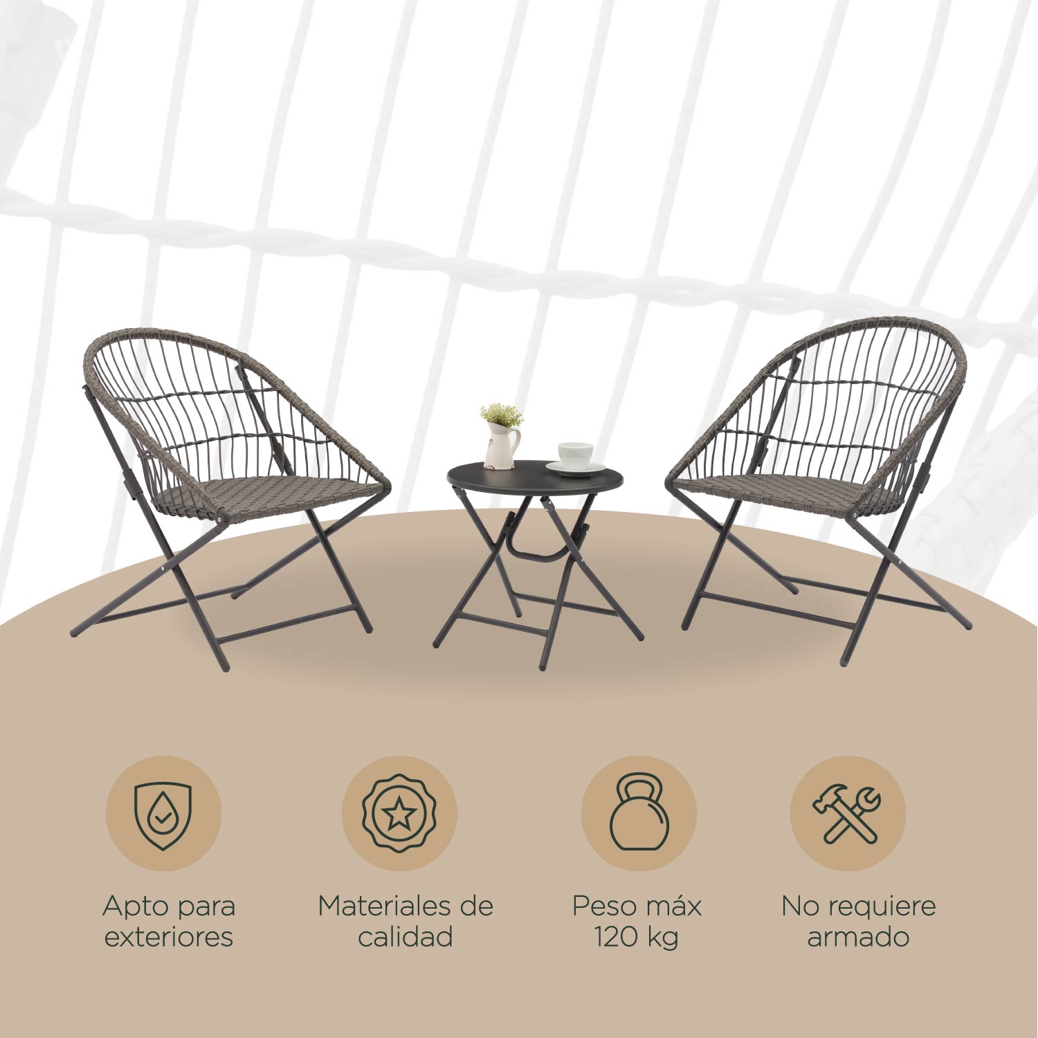 Foto 8 pulgar | Set De Terraza Y Jardin Top Living Rangun Gris Con Mesa Auxiliar Plegable Y 2 Sillas De Ratán Sintético Plegables