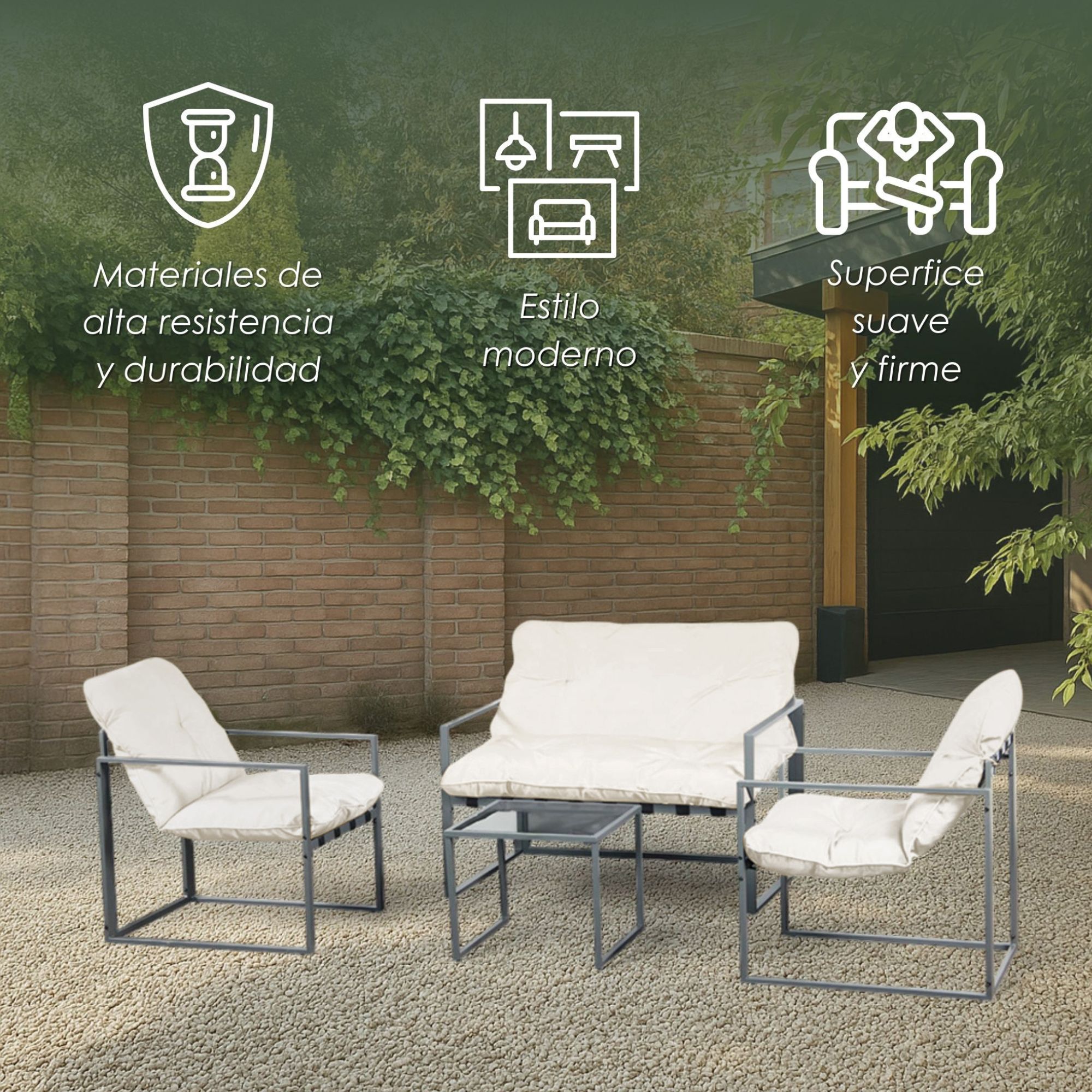 Foto 3 | Ilios Innova | Sala De Jardín 4 Piezas Con Estructura Metálica, Cojines Cómodos Y Mesa De Centro Con Vidrio Templado