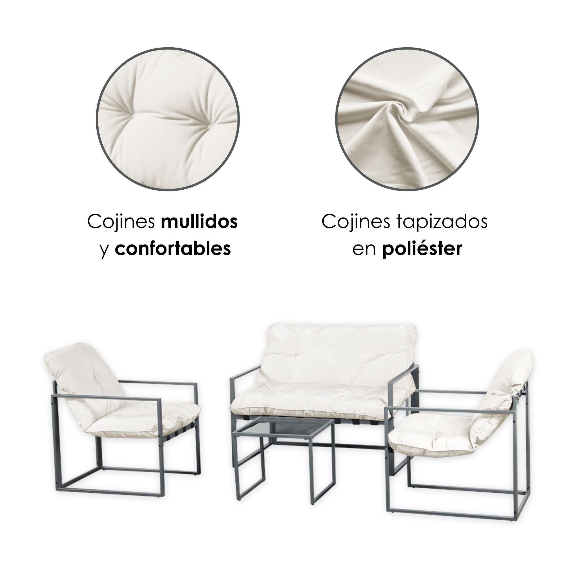 Foto 7 | Ilios Innova | Sala De Jardín 4 Piezas Con Estructura Metálica, Cojines Cómodos Y Mesa De Centro Con Vidrio Templado