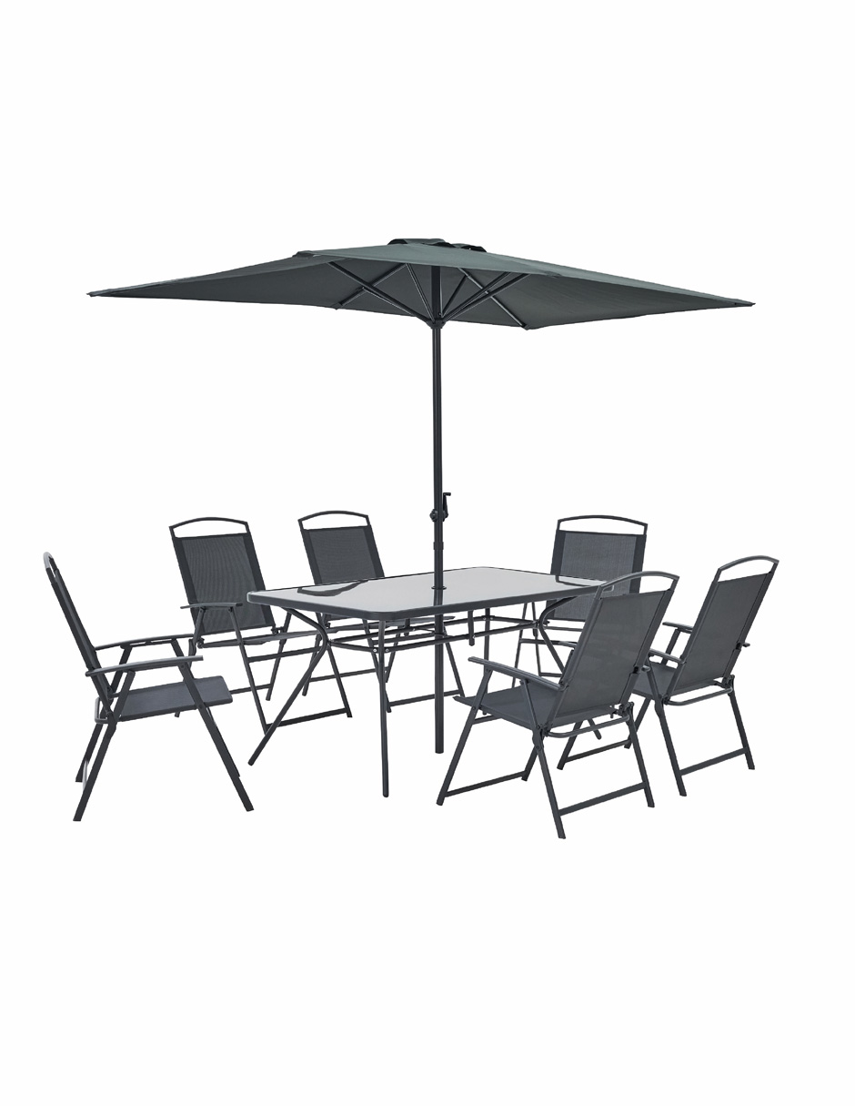 Naterial Set De Comedor 6 Sillas Plegables + Mesa + 1 Sombrilla De Acero Para Exterior, Modelo Doma