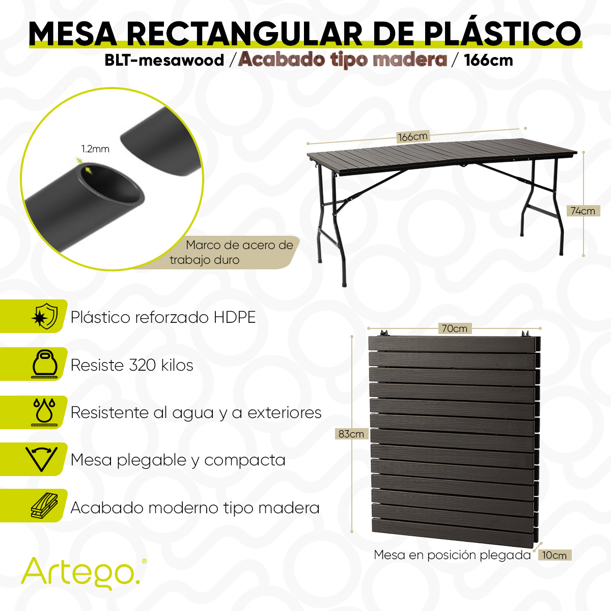 Foto 3 pulgar | Mesa Plegable Artego Rectangular de Madera Plástica HDPE para Terraza y Jardín