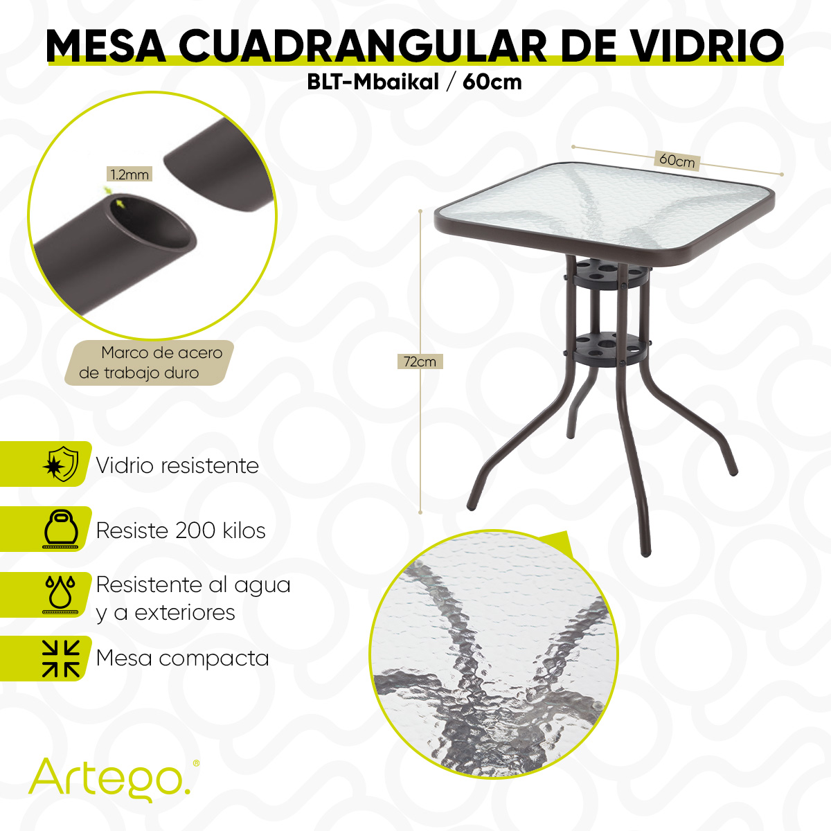 Foto 4 pulgar | Mesa Cuadrangular De Vidrio Estructura De Acero Mesa Compacta Para Terraza Jardín Balcón De 60cm