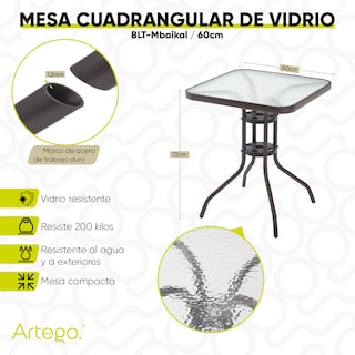 Foto 3 | Mesa Cuadrangular De Vidrio Estructura De Acero Mesa Compacta Para Terraza Jardín Balcón De 60cm