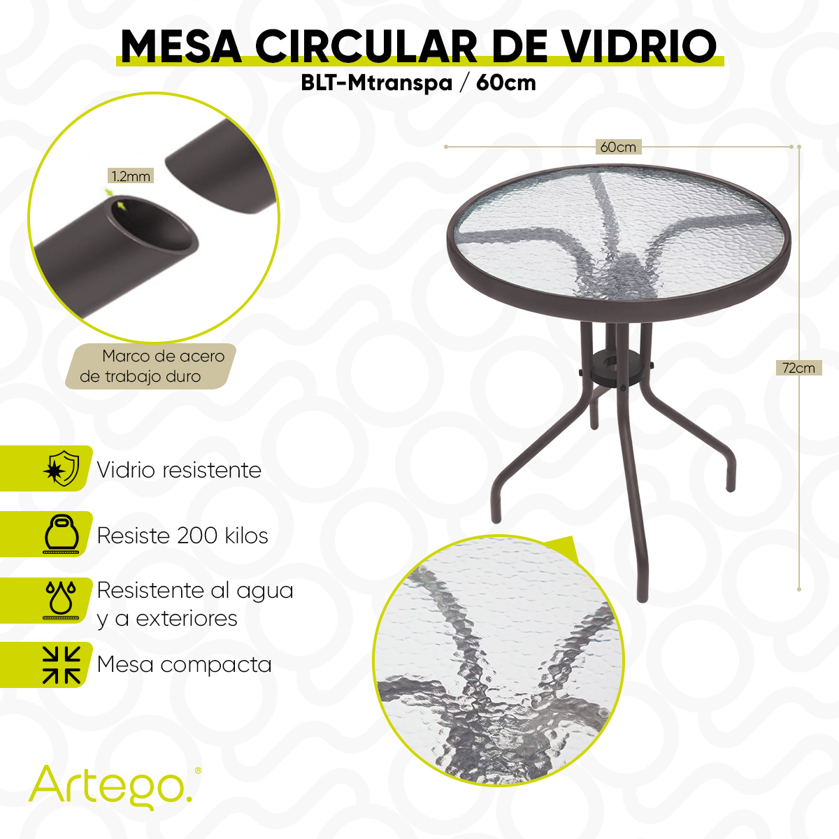Foto 3 | Mesa Circular De Vidrio Estructura De Acero Café Oscuro Mesa Compacta Para Terraza Jardín Balcón De 60cm De Diámetro