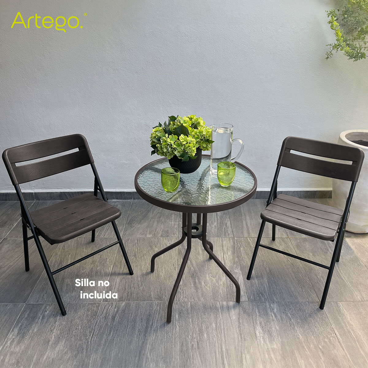 Foto 4 | Mesa Circular De Vidrio Estructura De Acero Café Oscuro Mesa Compacta Para Terraza Jardín Balcón De 60cm De Diámetro