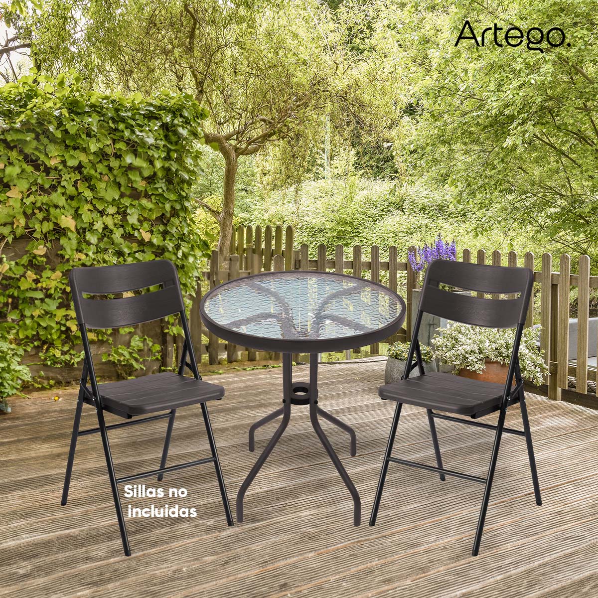 Foto 5 | Mesa Circular De Vidrio Estructura De Acero Café Oscuro Mesa Compacta Para Terraza Jardín Balcón De 60cm De Diámetro