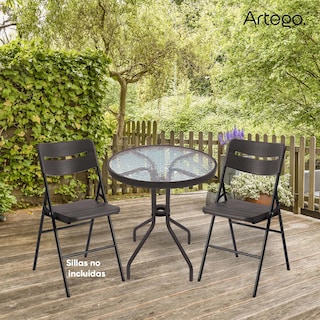 Foto 5 | Mesa Circular De Vidrio Estructura De Acero Café Oscuro Mesa Compacta Para Terraza Jardín Balcón De 60cm De Diámetro