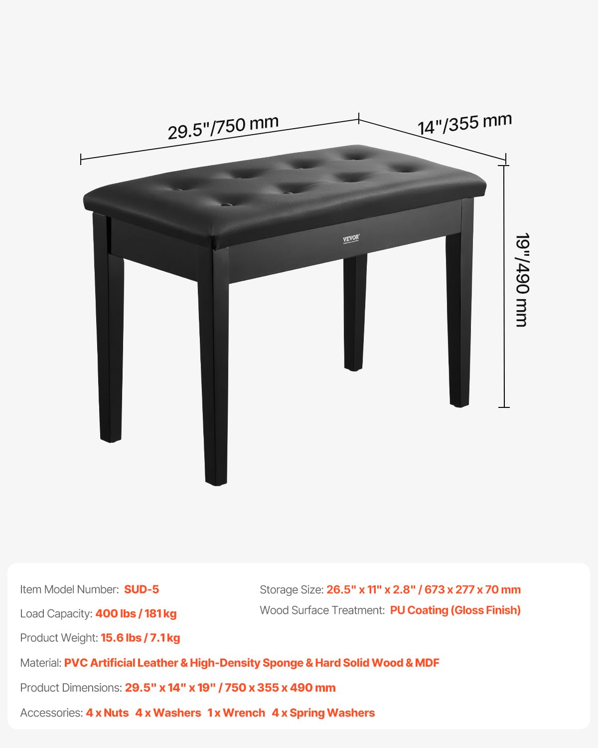 Foto 7 | Teclado Piano Bench Vevor Duet Con Cojín Acolchado De Alta Densidad - Venta Internacional.