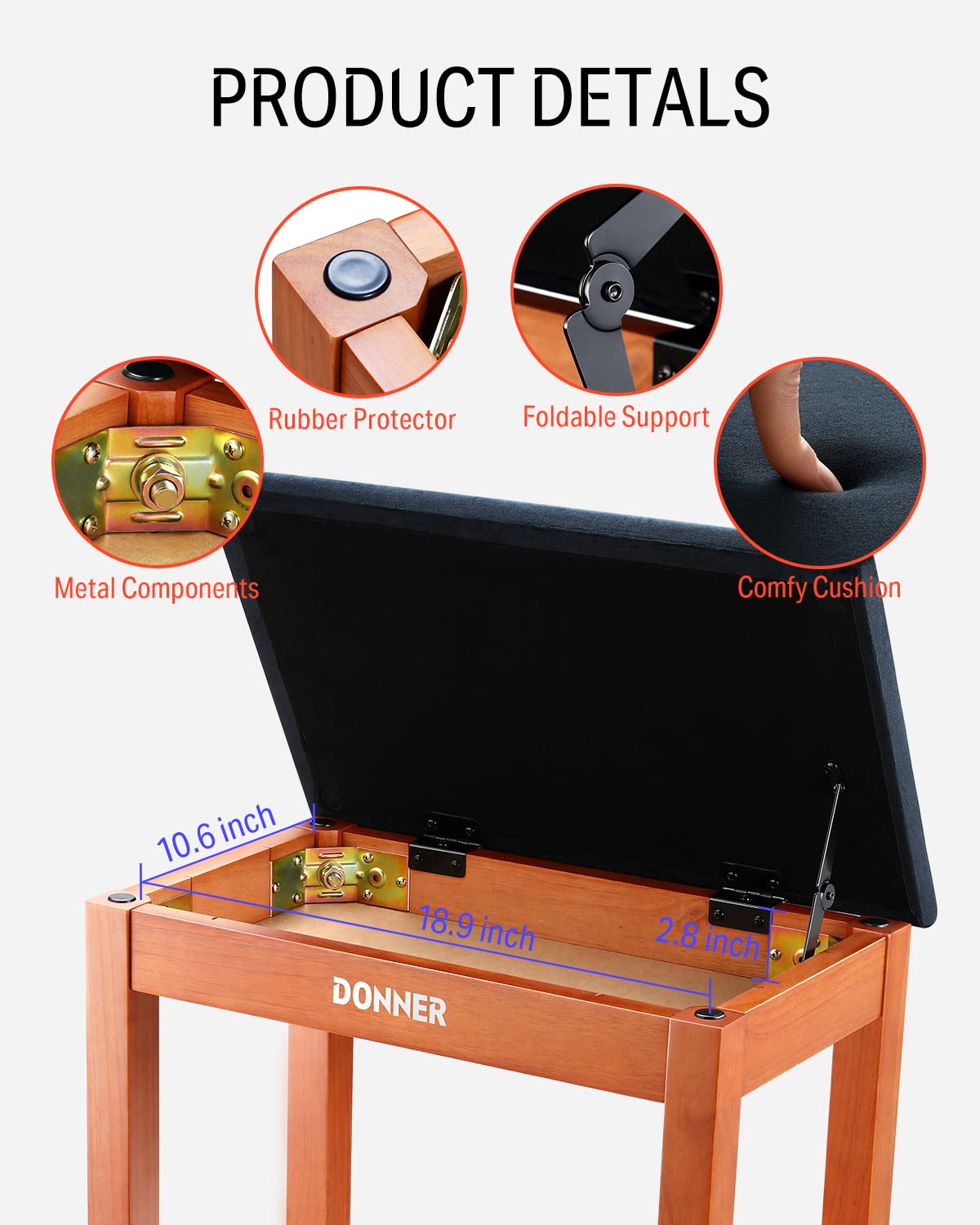 Foto 4 pulgar | Banco Para Piano Donner Con Almacenamiento Y Teclado De Madera Maciza Con Cojín - Venta Internacional.