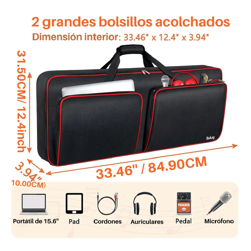 Foto 3 | Funda Para Teclado 49 Teclas Bolsa Para Piano Con Bolsillos Belug, Negro Líneas Rojas