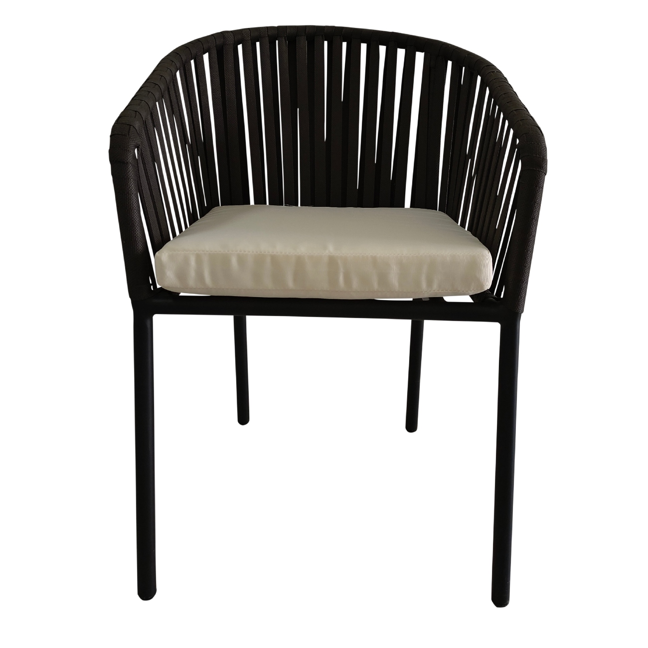 Silla De Exterior Negra Y Beige Con Asiento Acolchado De Hule Espuma. Estructura De Aluminio Y Cuerda Sintética