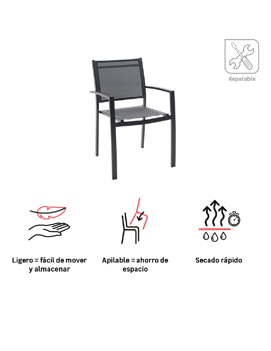 Foto 7 pulgar | Naterial Silla De Jardín Apilable De Aluminio Y Textileno Con Brazos Para Exterior , Modelo Lyra Beta