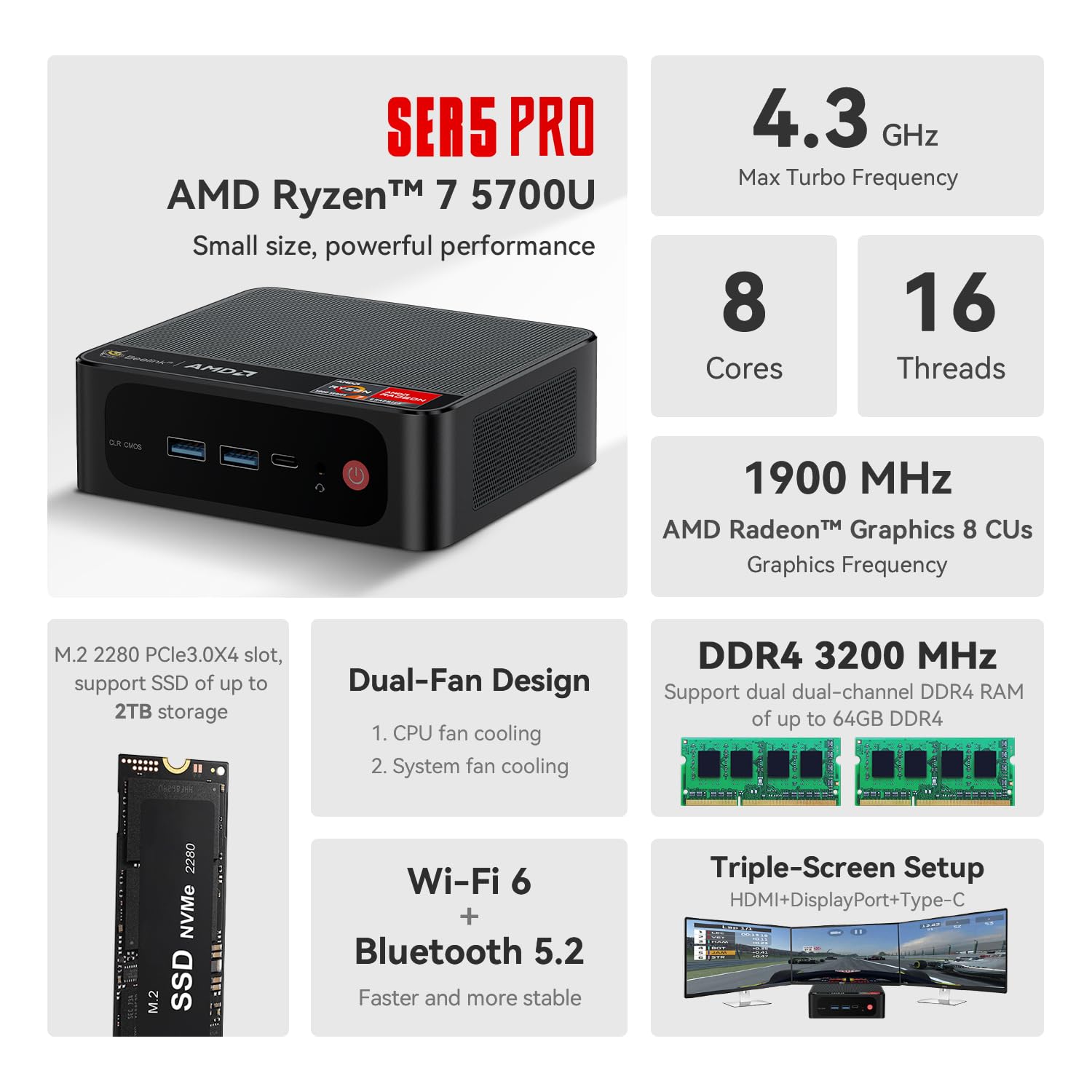 Foto 7 pulgar | Mini Pc Beelink Ser5 Amd Ryzen 7 5700u 16 Gb Ram 500 Gb Ssd 4k - Venta Internacional.