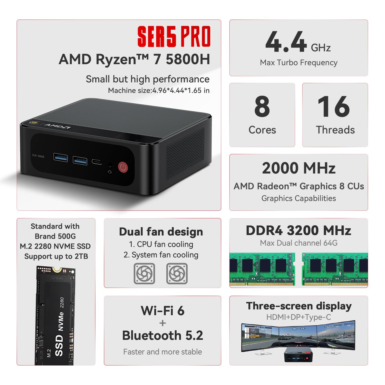 Foto 3 | Mini Pc Beelink Ser5 Pro Amd Ryzen 7 5800h 16 Gb Ram 500 Gb Ssd - Venta Internacional.