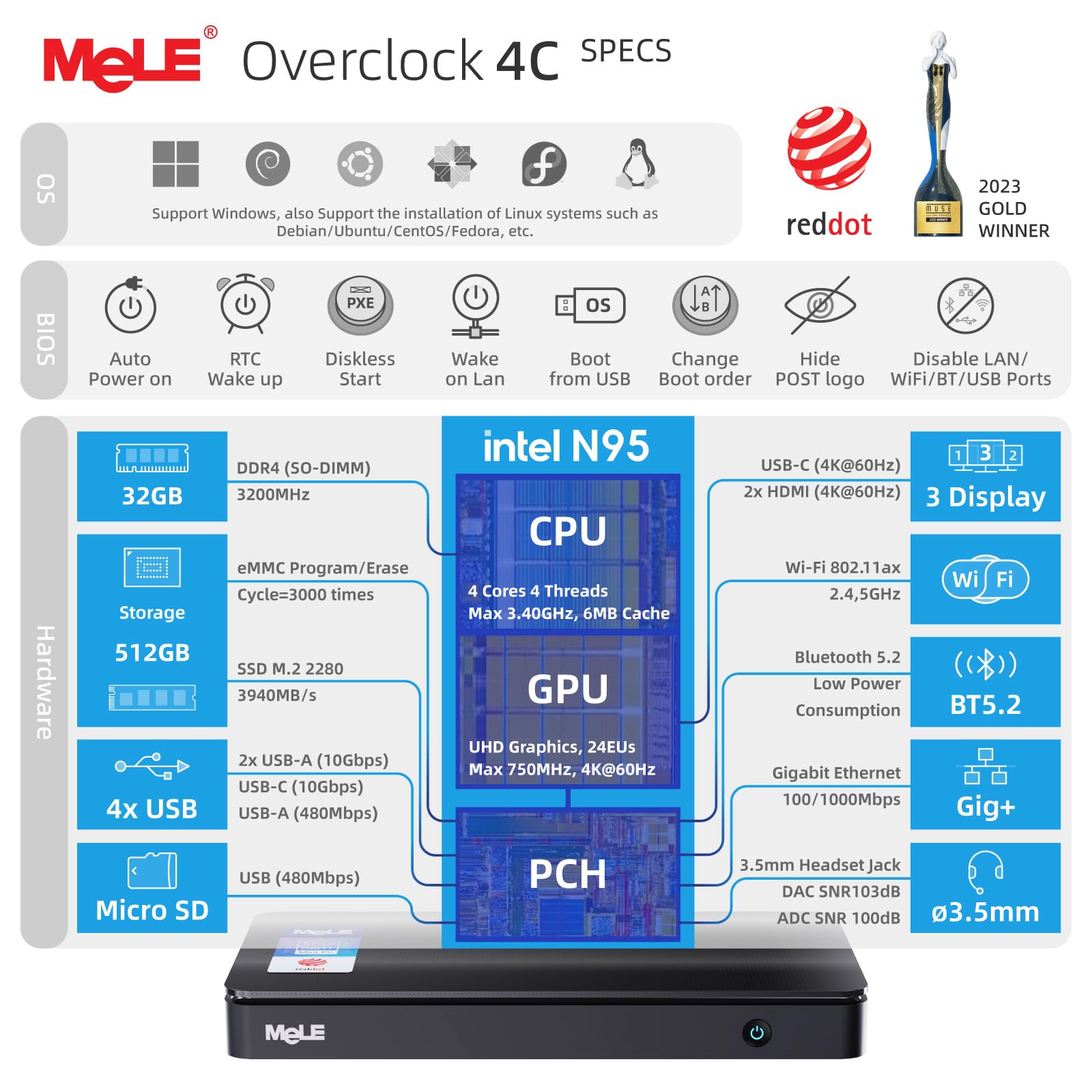 Foto 4 pulgar | Mini Pc Mele Overclock4c N95 32 Gb Ddr4 512 Gb 4k Con Triple Pantalla - Venta Internacional.