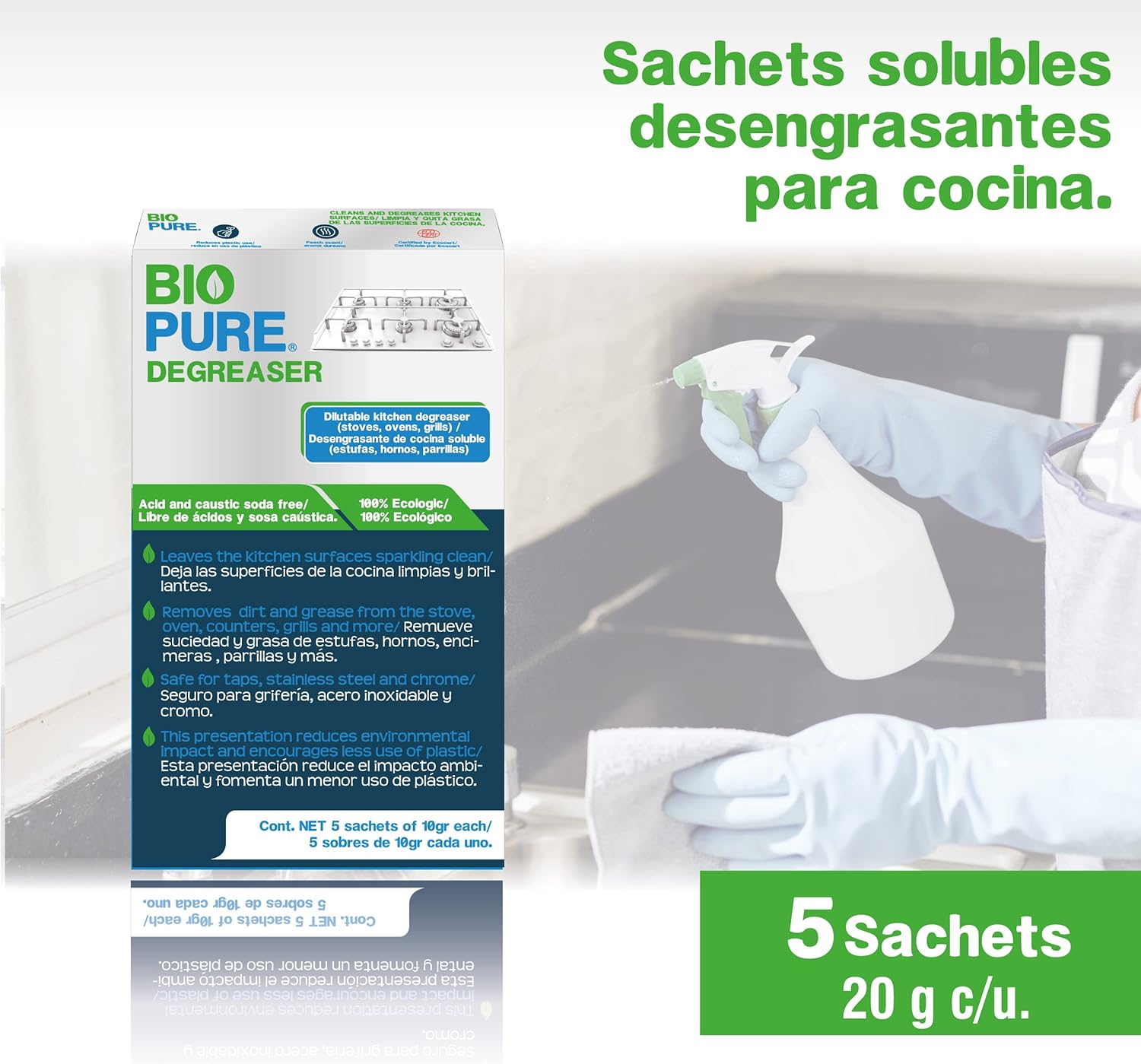 Foto 5 pulgar | Biopure - Sachets Solubles De Desengrasante Para Cocina - Elimina La Suciedad Y Grasa De Estufas, Hornos Y Parrillas