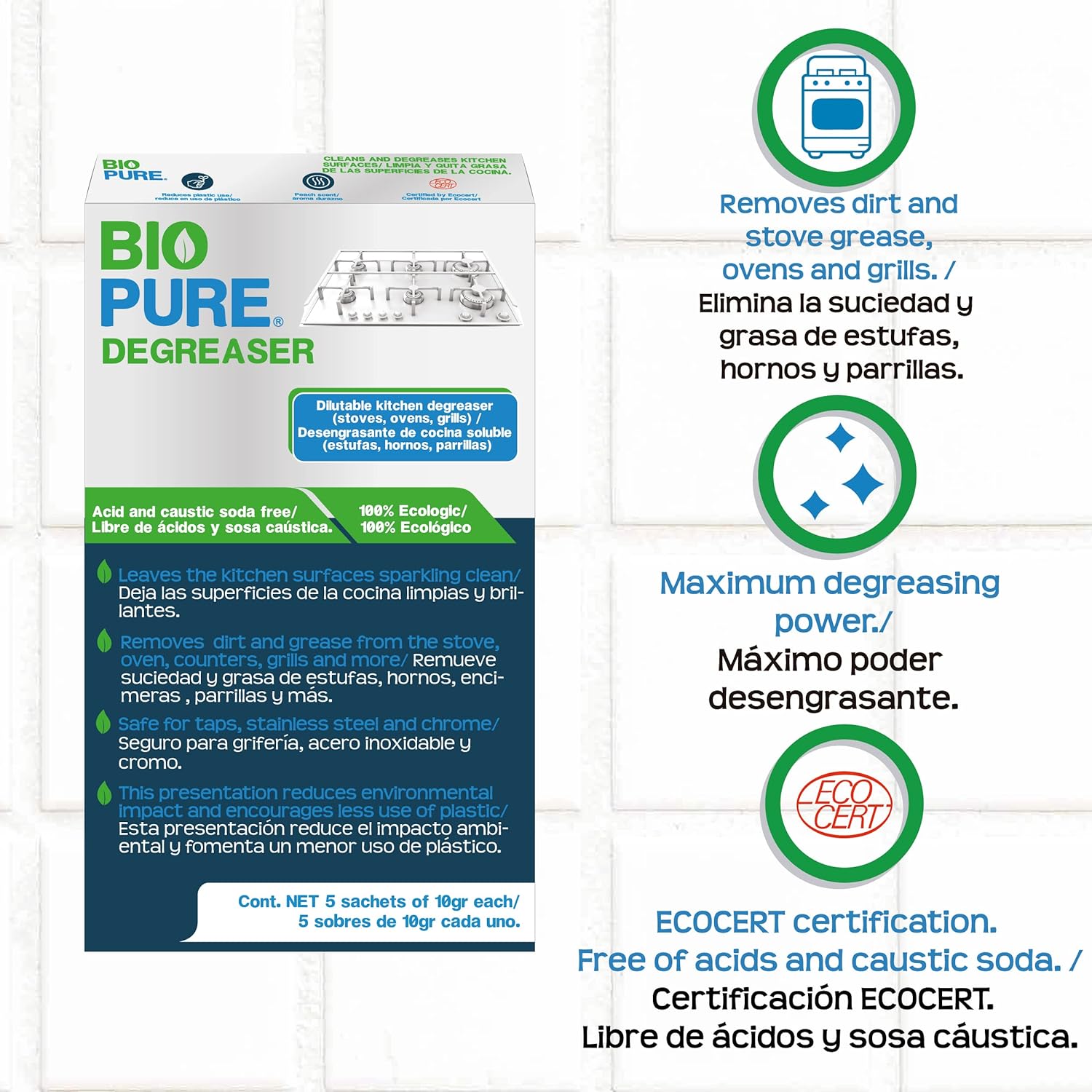 Foto 6 pulgar | Biopure - Sachets Solubles De Desengrasante Para Cocina - Elimina La Suciedad Y Grasa De Estufas, Hornos Y Parrillas