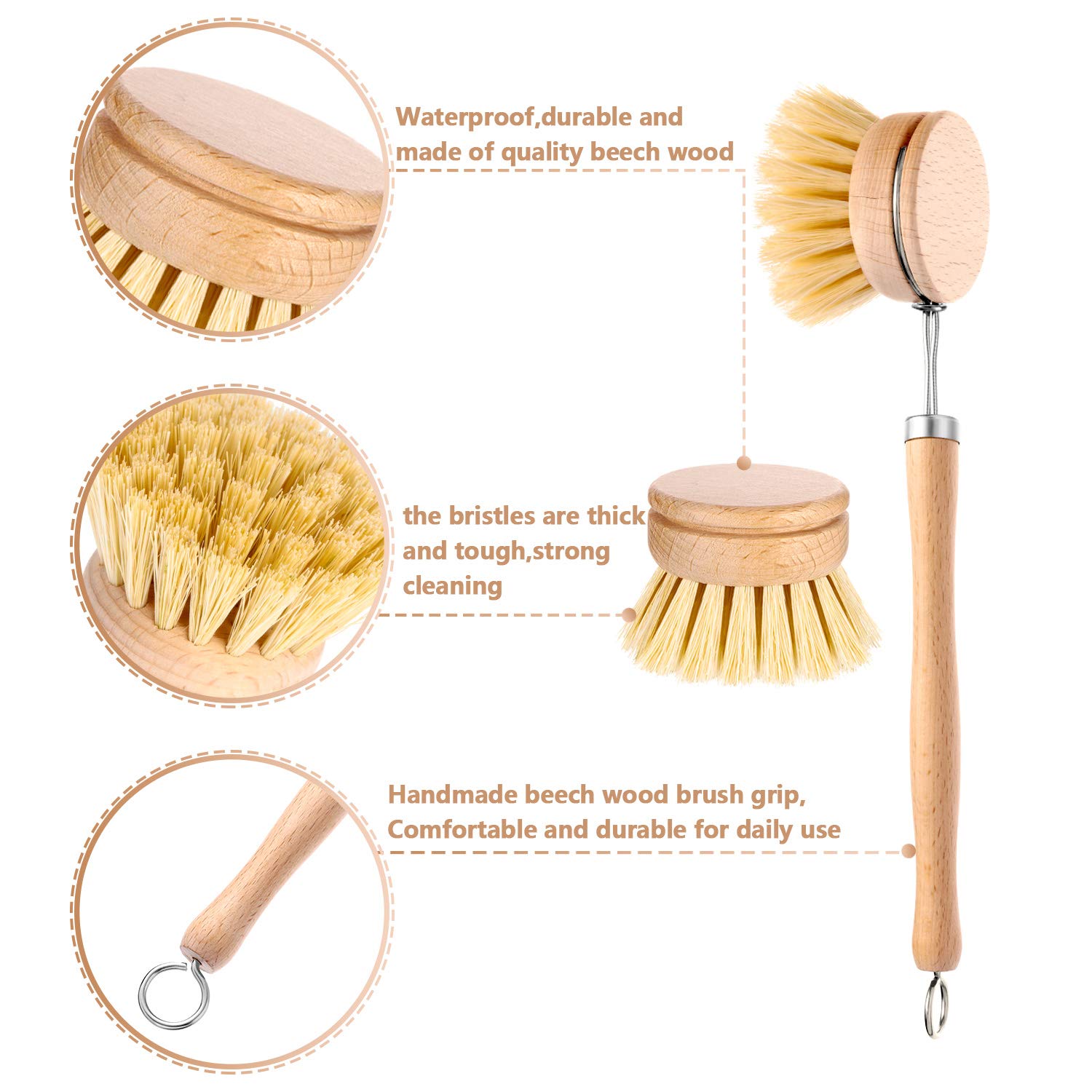 Foto 4 pulgar | Cepillo para Platos Boao con Mango de Madera de Haya y 2 Cabezales de Repuesto - Venta Internacional