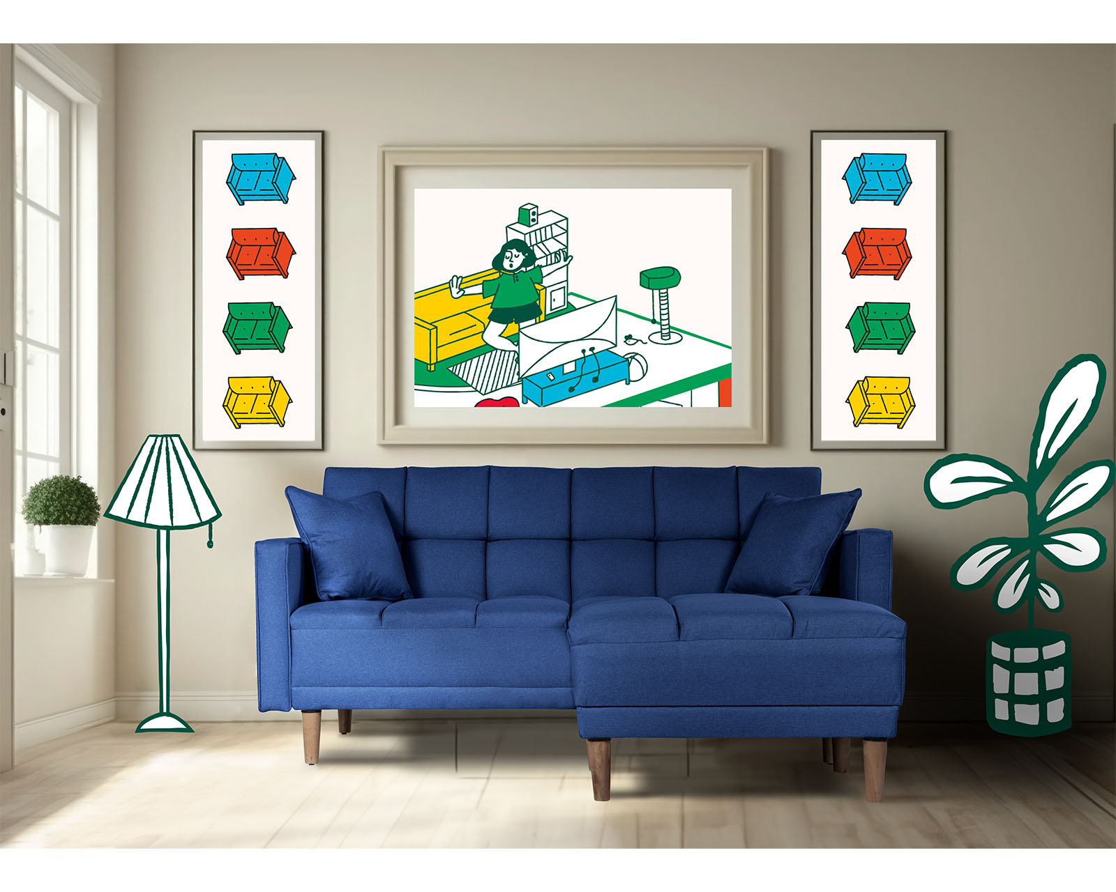 Sala Modular Sofá Cama Reversible de Lino Azul Mykolo Makora