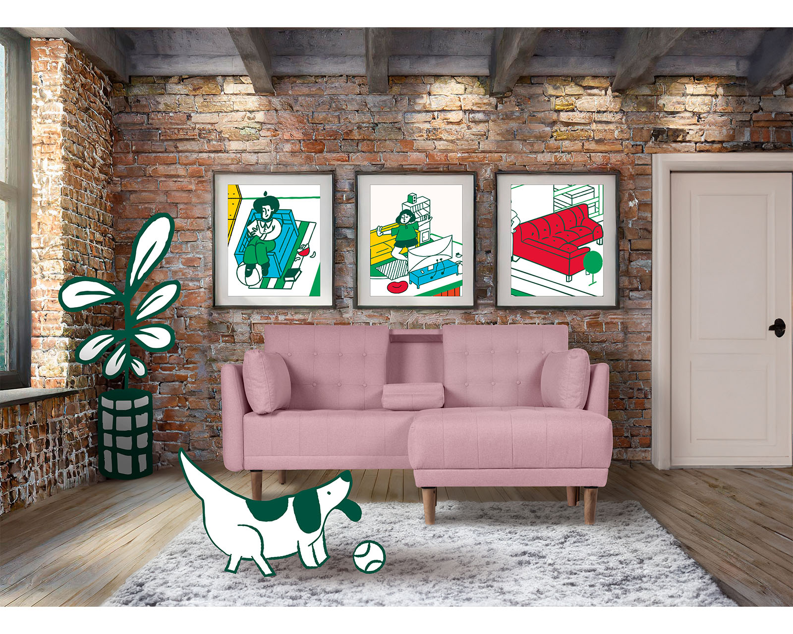 Sala Modular Sofá Cama Reversible con Portavasos de Lino Rosa Boxsofa Mandarín