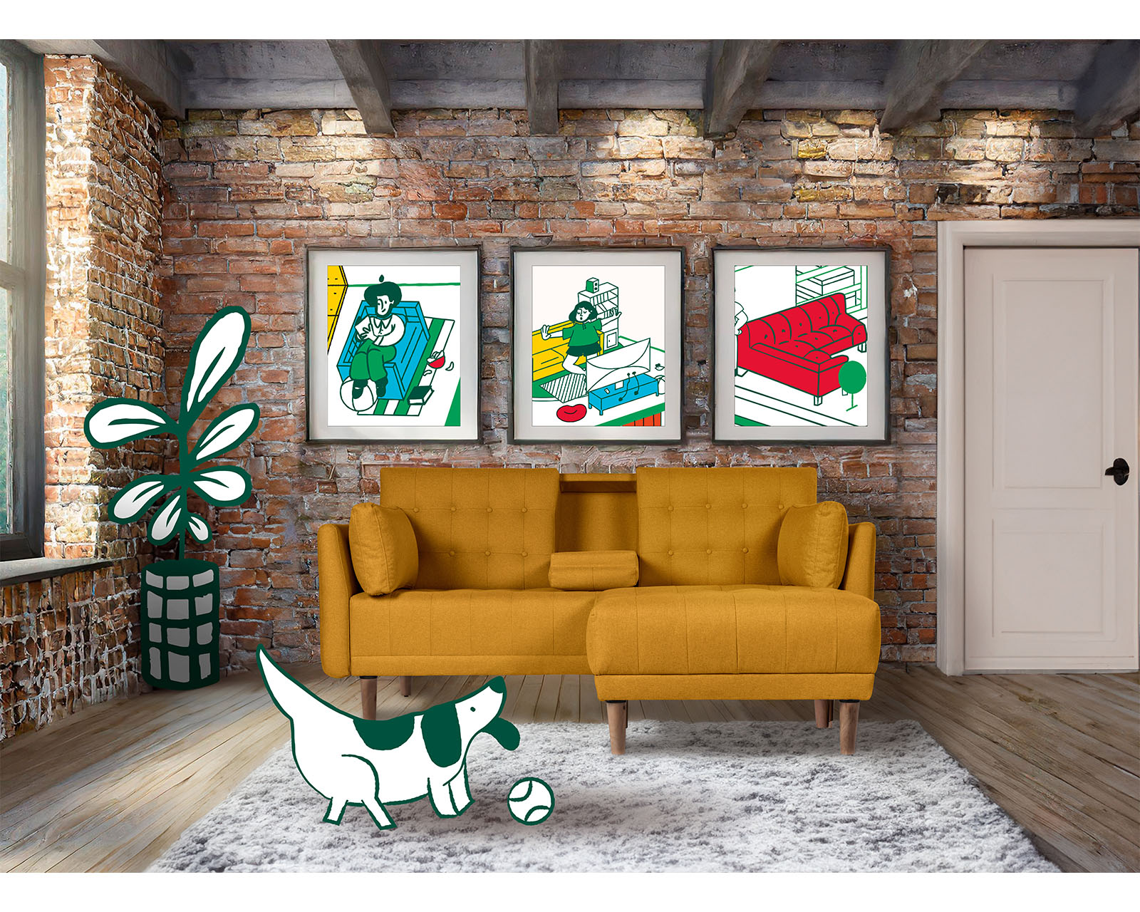 Sala Modular Sofá Cama Reversible con Portavasos de Lino Mostaza Boxsofa Mandarín