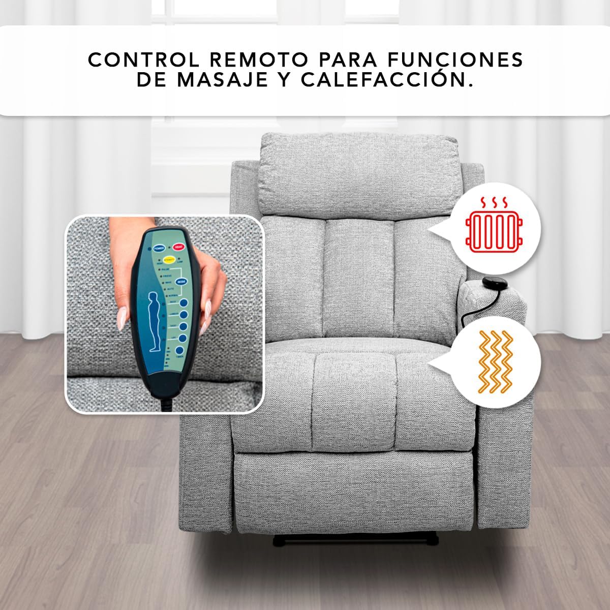 Foto 5 pulgar | Sillón Reclinable Manual Kirima De Tela Color Gris Con Calefacción Y Masajeador