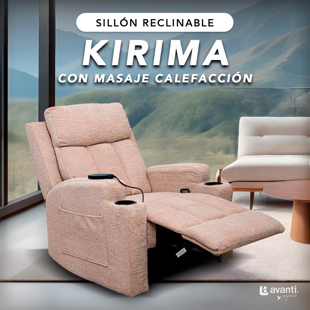 Foto 2 pulgar | Sillón Reclinable Manual Kirima De Tela Color Beige Con Calefacción Y Masajeador